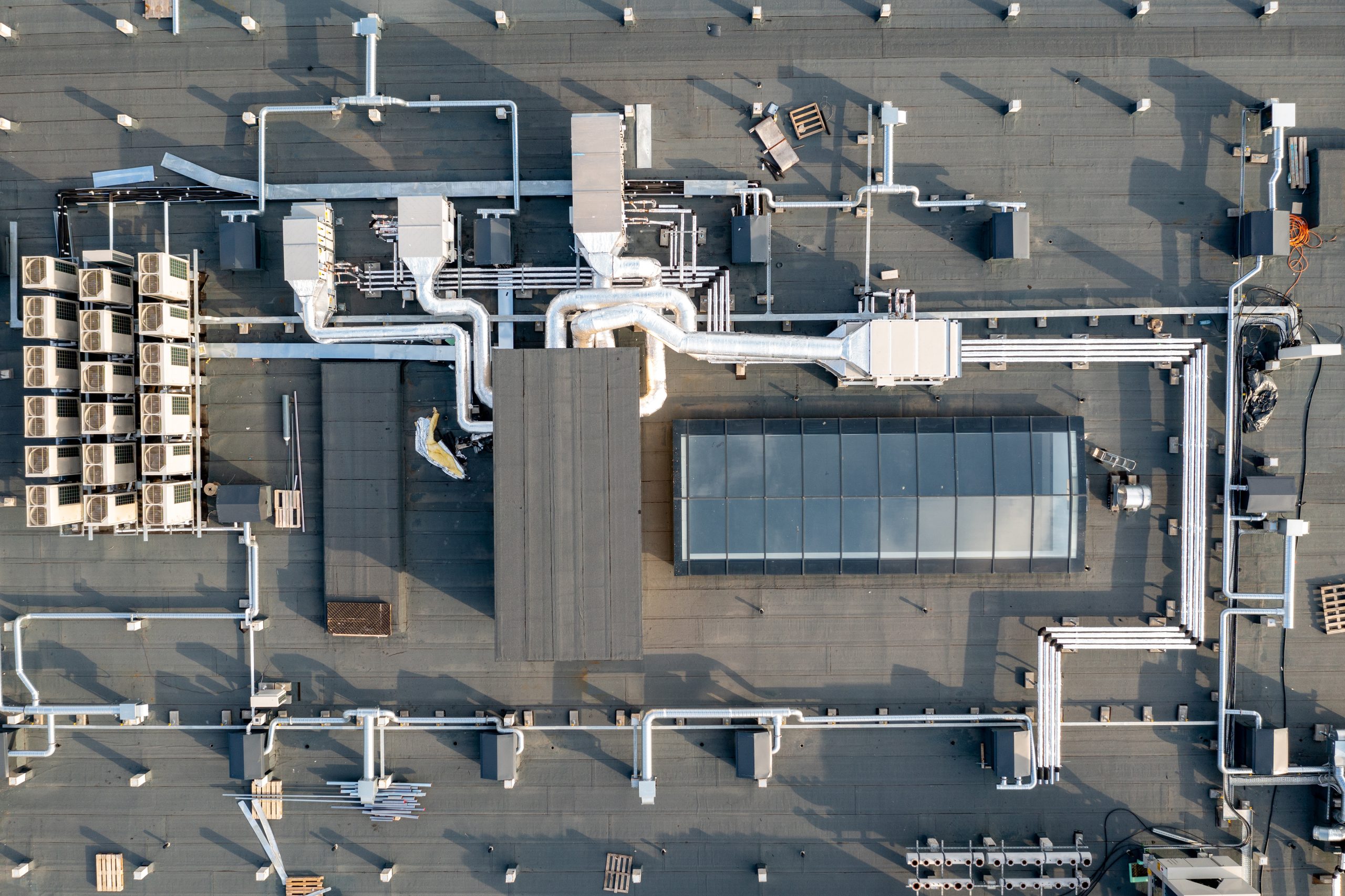 Overhead rooftop view of a commercial HVAC system